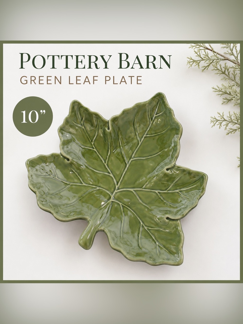 Pottery Barn Harvest Leaf Plate Green 10” Ceramic Fall Thanksgiving Serving Dish